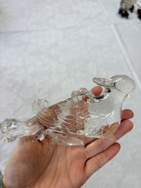 Three Chinese rock crystal sculptures on wooden stands, Republic