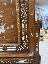 A Vietnamese mother-of-pearl-inlaid wooden 'Fishermen' table screen and an embroidered silk 'Dragon' panel, 19th C.