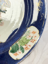 Three Chinese famille verte plates with floral design, one powder-blue-ground, Kangxi