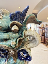 A pair of large Chinese polychrome-glazed Shiwan stoneware Buddhist lions, 19th C.