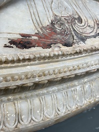A monumental Burmese white marble Post-Pagan Buddha with traces of gilt-lacquer, Ava Kingdom, 17th C
