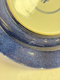 Three Chinese famille verte plates with floral design, one powder-blue-ground, Kangxi