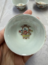 Six Chinese famille rose gilt-decorated 'Flower Basket' cups and saucers, Yongzheng/Qianlong