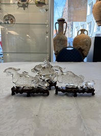 Three Chinese rock crystal sculptures on wooden stands, Republic