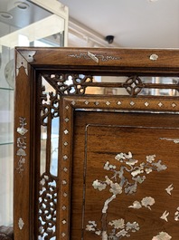 A Vietnamese mother-of-pearl-inlaid wooden 'Fishermen' table screen and an embroidered silk 'Dragon' panel, 19th C.