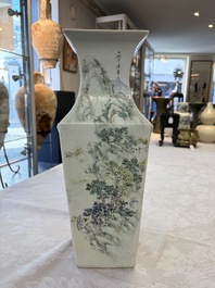 A Chinese qianjiang cai square vase on a wooden stand, signed Ma Qingyun 馬慶雲 and seal mark, dated 1913