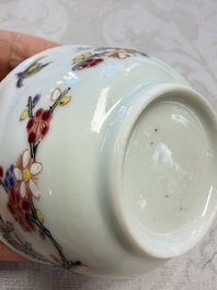 Three Chinese famille rose 'Birds and Plum Trees' cups and saucers, Yongzheng