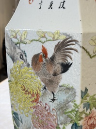 A Chinese Qianjiang cai hexagonal 'Figural' and 'Rooster' vase, signed Gao Hengsheng 高恆生, dated 1897