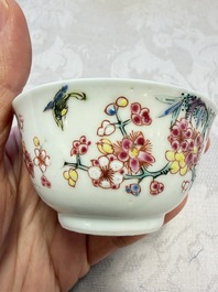 Three Chinese famille rose 'Birds and Plum Trees' cups and saucers, Yongzheng