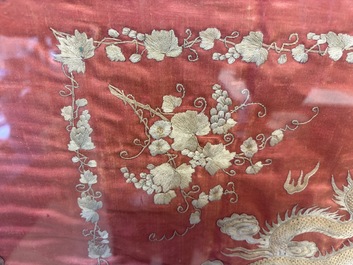 A Vietnamese mother-of-pearl-inlaid wooden 'Fishermen' table screen and an embroidered silk 'Dragon' panel, 19th C.