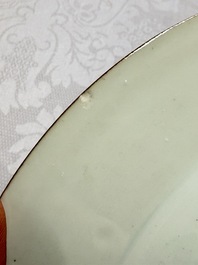 Three Chinese famille verte plates with floral design, one powder-blue-ground, Kangxi