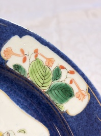 Three Chinese famille verte plates with floral design, one powder-blue-ground, Kangxi