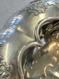 A fine Chinese silver bowl with relief dragon design on reticulated wooden stand, Tai Chang Long 泰昌隆 mark, 19th C.
