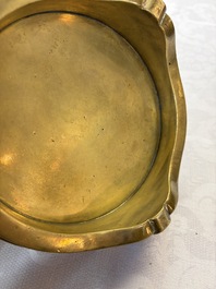 A fine Chinese bronze censer with loop handles and stand, Xuande mark, 18th C.