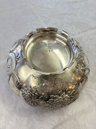 A fine Chinese silver bowl with relief dragon design on reticulated wooden stand, Tai Chang Long 泰昌隆 mark, 19th C.