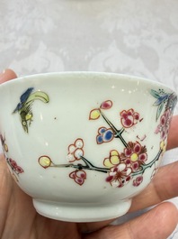 Three Chinese famille rose 'Birds and Plum Trees' cups and saucers, Yongzheng