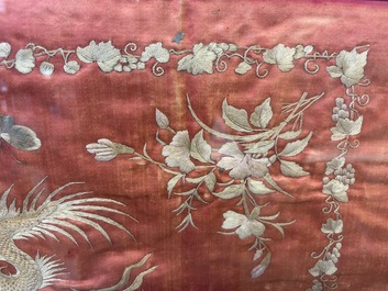 A Vietnamese mother-of-pearl-inlaid wooden 'Fishermen' table screen and an embroidered silk 'Dragon' panel, 19th C.