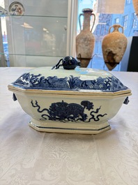 A Chinese blue and white 'Buddhist Lion' tureen and cover, Qianlong