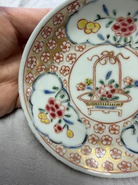 Six Chinese famille rose gilt-decorated 'Flower Basket' cups and saucers, Yongzheng/Qianlong