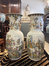 A pair of massive Chinese famille rose 'Ren Lun Zhi Zhi 人倫之至' and 'Xiao Gan Dong Tian 孝感動天' vases, signed Pan Zhaotang 潘肇唐, dated 1919