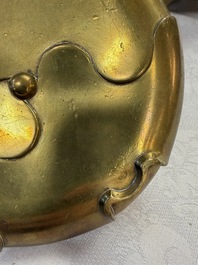 A fine Chinese bronze tripod censer and stand, Xuande mark, 17/18th C.