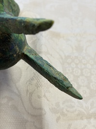 A Chinese archaic bronze wine vessel with Taotie design, Jue 爵, late Shang