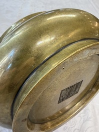 A fine Chinese bronze censer with loop handles and stand, Xuande mark, 18th C.