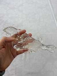 Three Chinese rock crystal sculptures on wooden stands, Republic