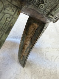 A Chinese archaic bronze wine vessel with owl design, Jia 斝, late Shang
