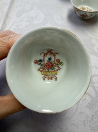 Six Chinese famille rose gilt-decorated 'Flower Basket' cups and saucers, Yongzheng/Qianlong