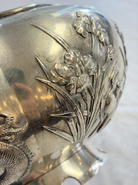 A fine Chinese silver bowl with relief dragon design on reticulated wooden stand, Tai Chang Long 泰昌隆 mark, 19th C.