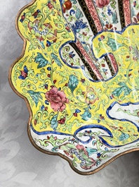 A Chinese Canton enamel shell-shaped basin with floral design, Yongzheng/Qianlong