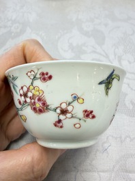 Three Chinese famille rose 'Birds and Plum Trees' cups and saucers, Yongzheng