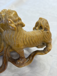 A fine Chinese soapstone group of Buddhist lions on wooden stand, 19th C.
