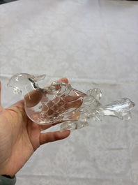 Three Chinese rock crystal sculptures on wooden stands, Republic