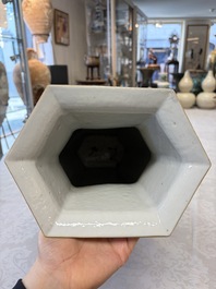 A Chinese Qianjiang cai hexagonal 'Figural' and 'Rooster' vase, signed Gao Hengsheng 高恆生, dated 1897