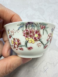 Three Chinese famille rose 'Birds and Plum Trees' cups and saucers, Yongzheng
