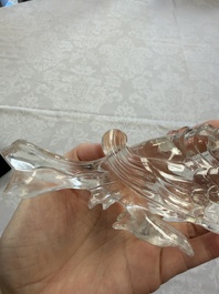 Three Chinese rock crystal sculptures on wooden stands, Republic