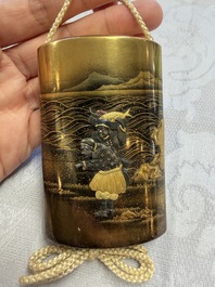 A fine Japanese four-case metal-inlaid lacquer 'Kanshin' inrō by Kōzan with a red coral ojime and a 'Jurojin' netsuke, Kōzan 光山 mark, Edo
