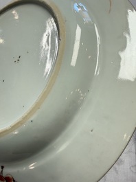 Three Chinese famille verte plates with floral design, one powder-blue-ground, Kangxi