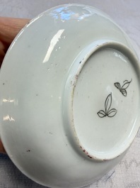 Three Chinese famille rose 'Birds and Plum Trees' cups and saucers, Yongzheng