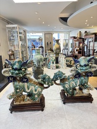 A pair of large Chinese polychrome-glazed Shiwan stoneware Buddhist lions, 19th C.