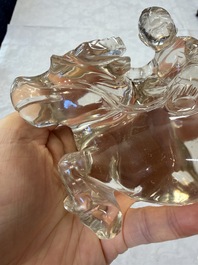 Three Chinese rock crystal sculptures on wooden stands, Republic
