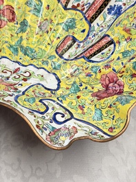 A Chinese Canton enamel shell-shaped basin with floral design, Yongzheng/Qianlong