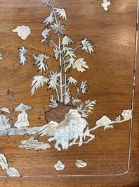 A Vietnamese mother-of-pearl-inlaid wooden 'Fishermen' table screen and an embroidered silk 'Dragon' panel, 19th C.