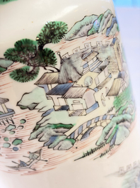 A Chinese famille verte 'Zhang Jiang Men 章江門' rouleau vase, 19th C.