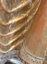 A very large Burmese mica-inlaid gilt-lacquered wooden Mandaly Buddha, 20th C.