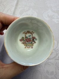 Six Chinese famille rose gilt-decorated 'Flower Basket' cups and saucers, Yongzheng/Qianlong