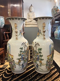 A pair of massive Chinese famille rose 'Ren Lun Zhi Zhi 人倫之至' and 'Xiao Gan Dong Tian 孝感動天' vases, signed Pan Zhaotang 潘肇唐, dated 1919