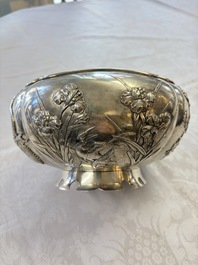 A fine Chinese silver bowl with relief dragon design on reticulated wooden stand, Tai Chang Long 泰昌隆 mark, 19th C.